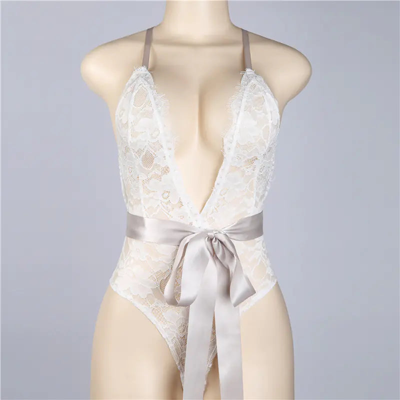 Lace Bodysuit with Open Back and Deep V Neck