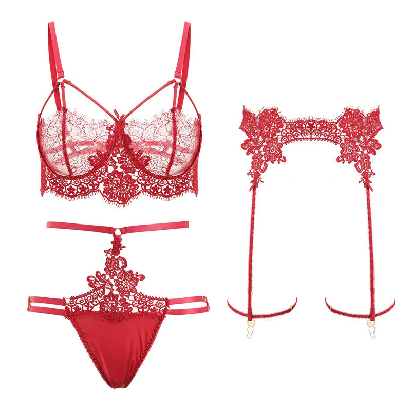 Lace Lingerie Set with Garters and Open-Crotch Design